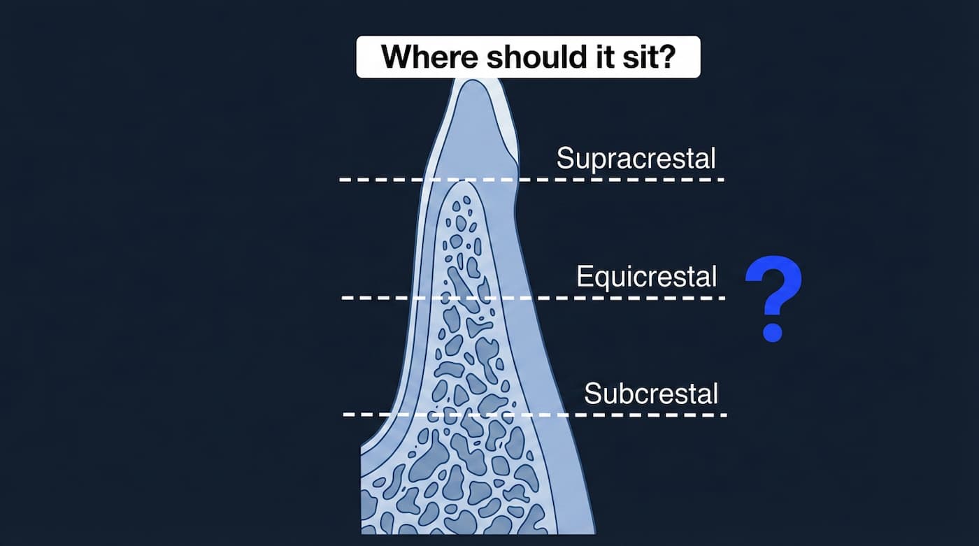 Dental implant placement depth diagram showing supracrestal, equicrestal, and subcrestal positions relative to the bone crest